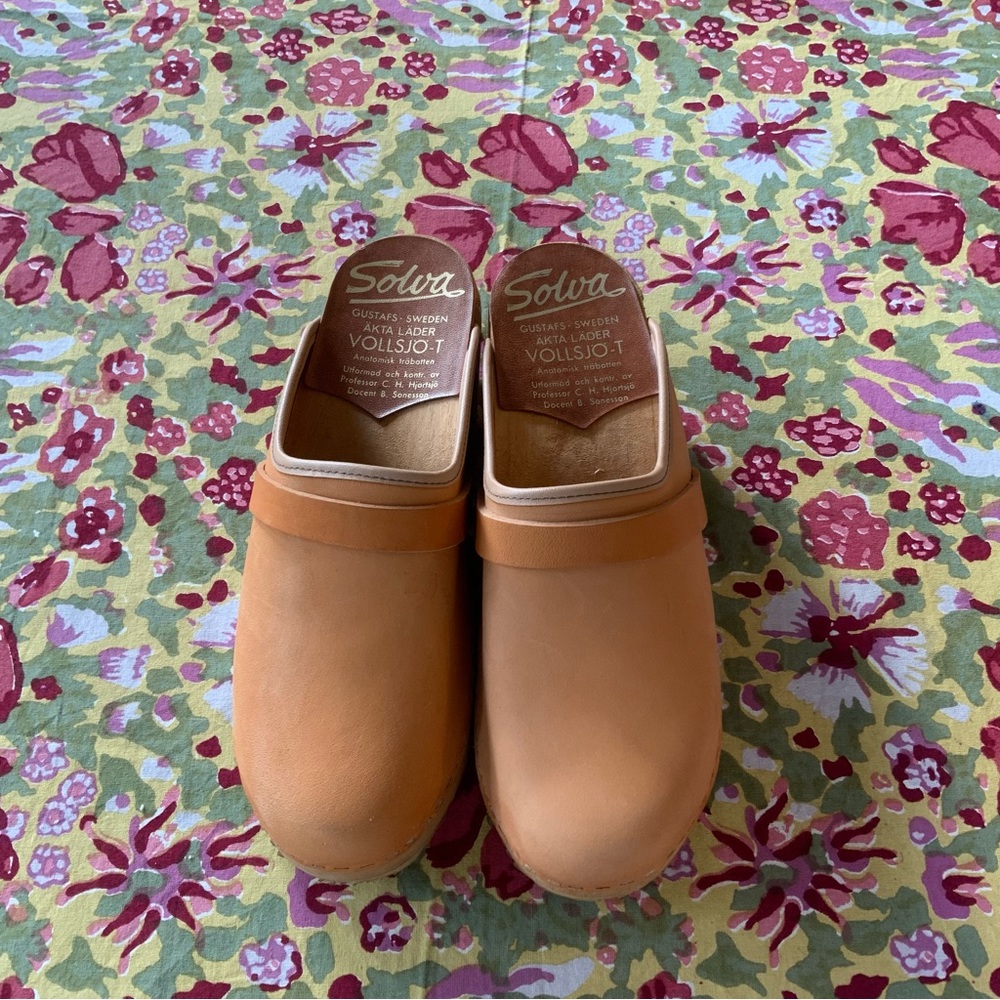 Swedish Hasbeens Orange Leather Mules